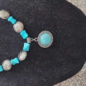 21 inch hand crafted necklace turquoise nuggets, silver lentil turquoise pendant
